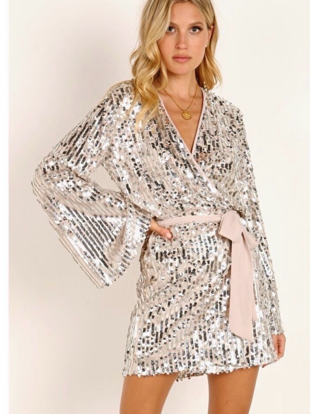 Show Me Your MuMu Silver Sequin Wrap Dress with Blush Tie